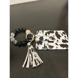 Cow Print Beaded Keychain Card Holder Wallet Bracelet Wristlet Women